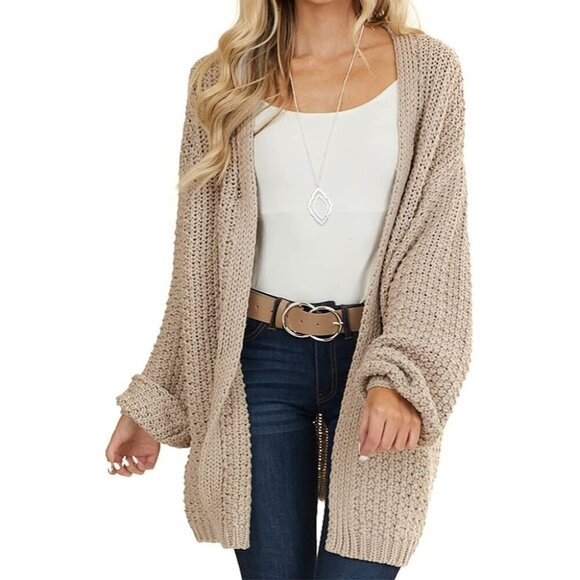 Sweaters - Women's Chunky Knit Open Front Cardigan Large Casual Long Sleeve
